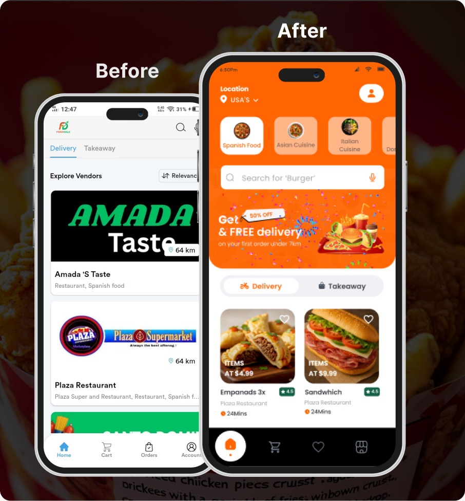 Before and after FoodDale Android app screens