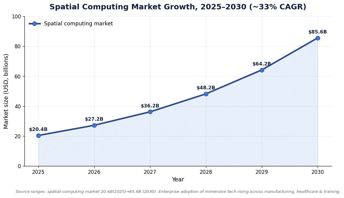 Spatial computing market growth 2025-2030 rising from $20.4B to $85.6B at roughly 33% CAGR