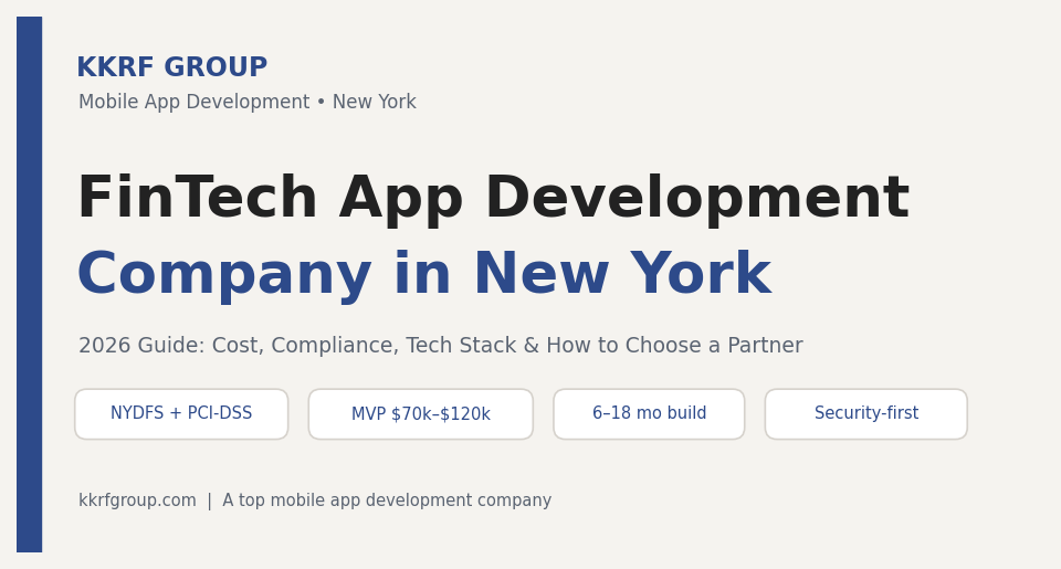 FinTech app development company in New York branded 2026 guide cover by KKRF Group