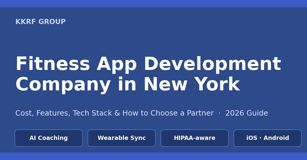 Fitness app development company in New York 2026 guide branded title card by KKRF Group