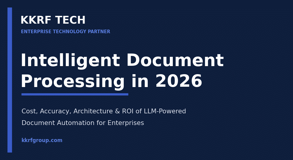 KKRF Tech featured graphic titled Intelligent Document Processing in 2026 covering cost, accuracy, architecture and ROI