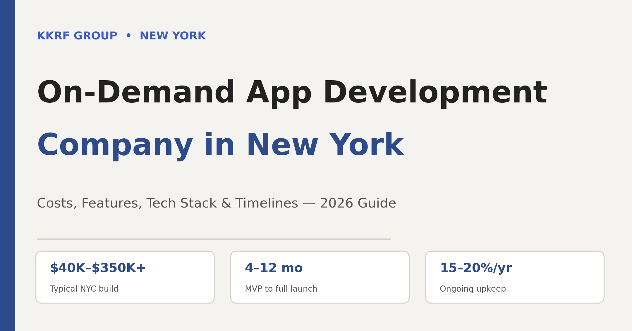 On-Demand App Development Company in New York 2026 guide cover — costs, features, timelines by KKRF Group