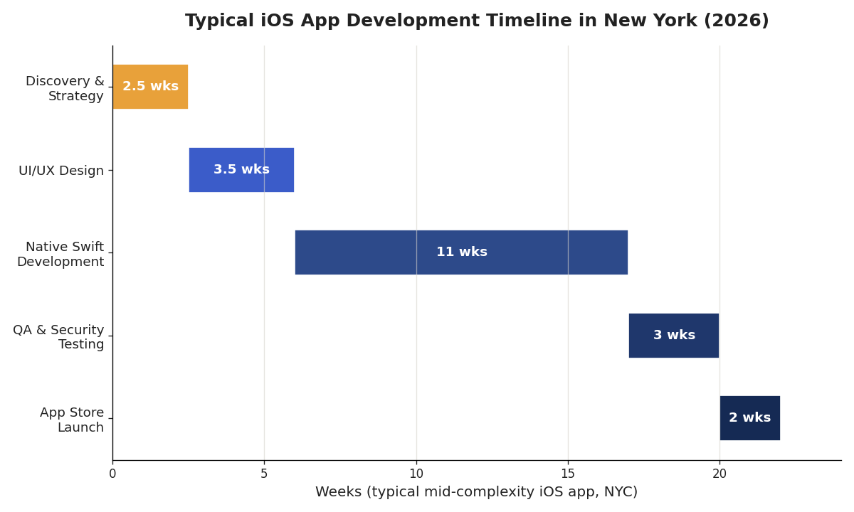Typical iOS app development timeline in New York — discovery, UI/UX design, native Swift development, QA security testing and App Store launch phases