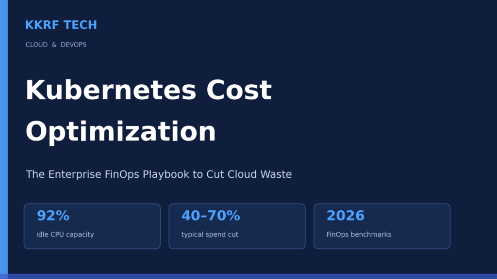 Kubernetes cost optimization featured graphic by KKRF Tech showing 92% idle CPU capacity and 40 to 70 percent typical cloud spend reduction