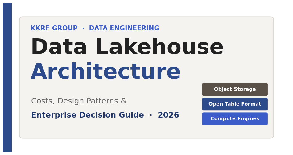 Data lakehouse architecture 2026 guide title card by KKRF Group covering cost, design patterns and enterprise decision framework