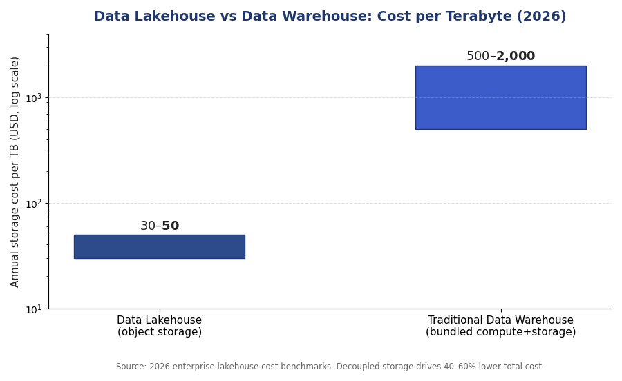 Bar chart comparing data lakehouse versus data warehouse annual storage cost per terabyte in 2026 on a log scale