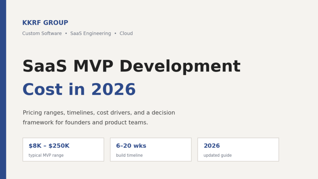 KKRF Group featured graphic: SaaS MVP development cost in 2026 with pricing ranges and build timeline