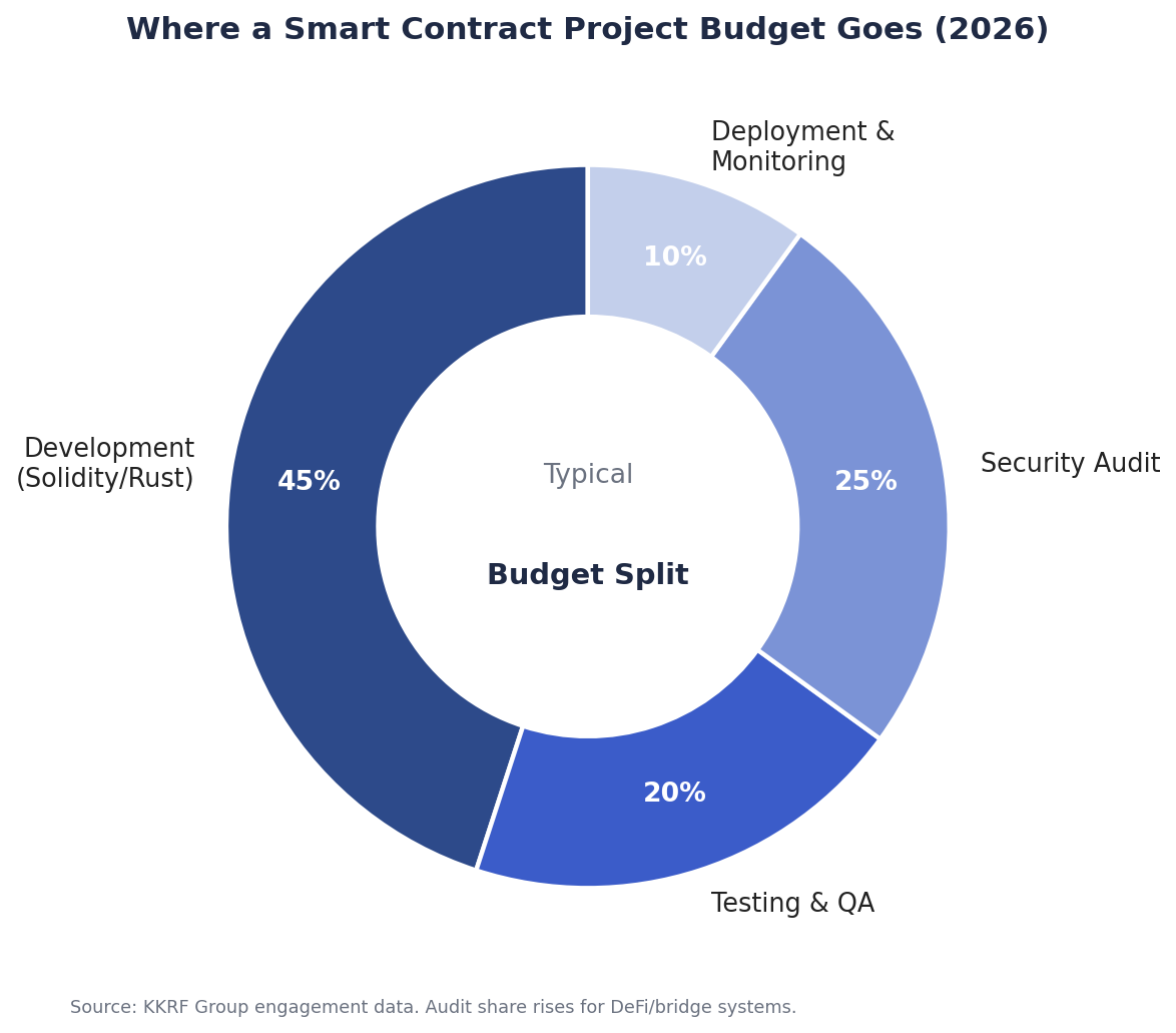 Donut chart showing smart contract project budget split across development, testing, security audit and deployment in 2026
