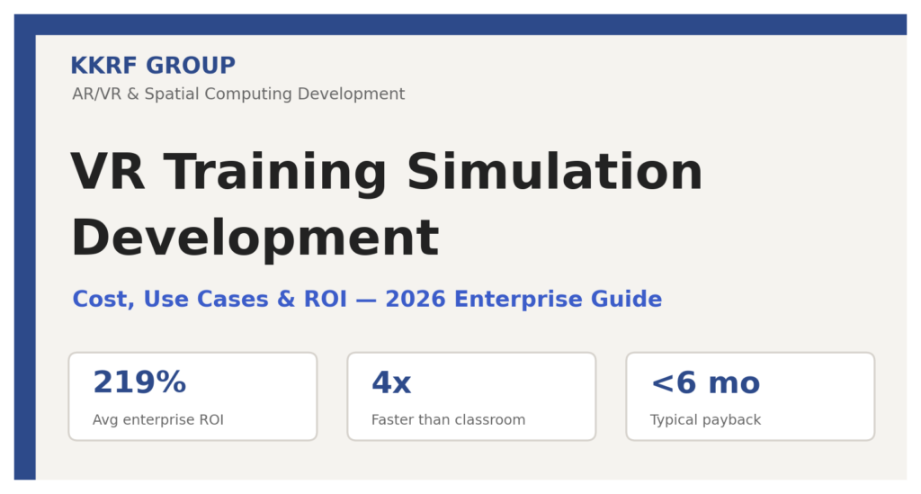 VR training simulation development 2026 guide title card by KKRF Group showing 219% ROI, 4x faster training, and under six-month payback
